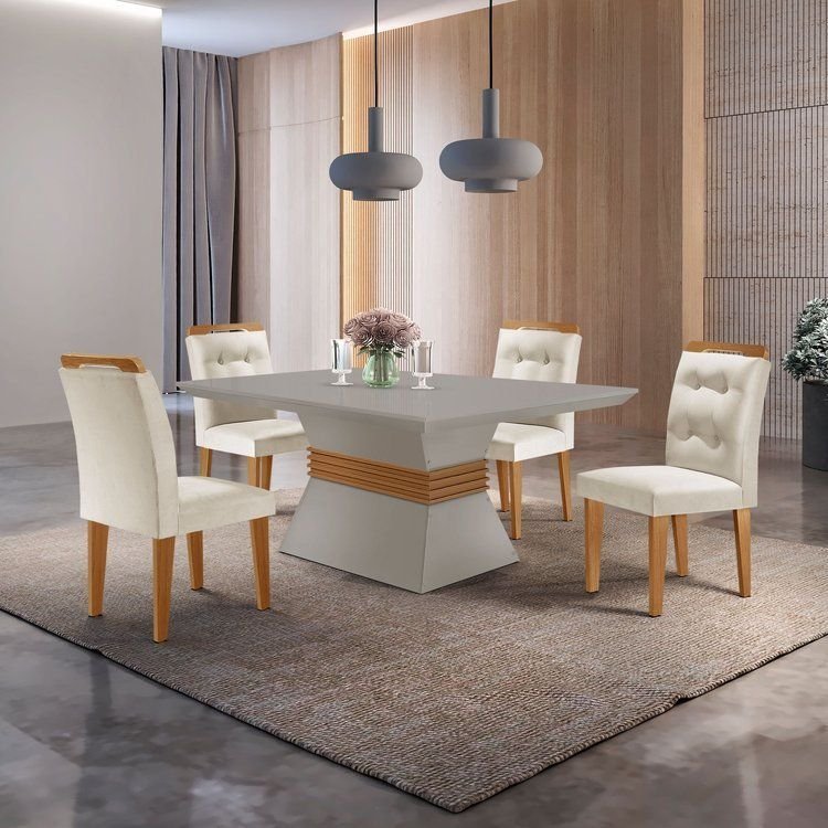 Conjunto Sala de Jantar Mesa 4 Cadeiras Luísa Yescasa Branco/Veludo Creme/Off White/Imbuia Veludo Creme/Off
