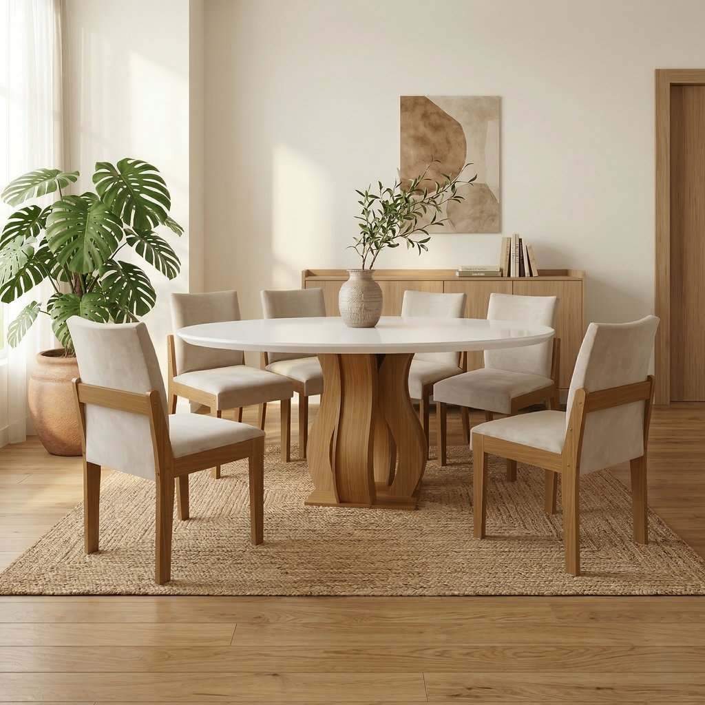 Sala de Jantar 6 Cadeiras Estofadas Mônaco e Mesa Redonda com Tampo de Vidro Nuance Yescasa Cinamomo/Creme/Off White