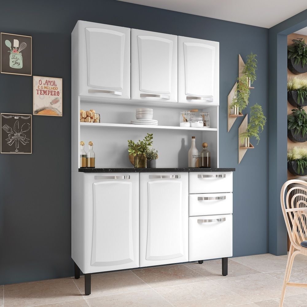 Cozinha Compacta em Aço com Bancada 6 Portas 2 Gavetas 196 x 120cm Pratika Itatiaia Branco Branco