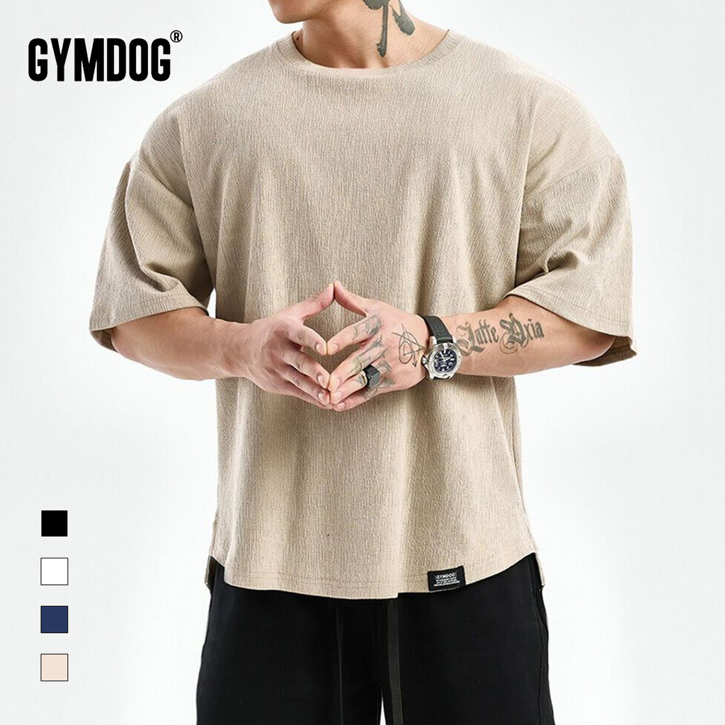 GYMDOG Street Wear Solto Ombro Caído Roupas de Fitness Homens Verão Lazer Correndo Treinamento Cor Sólida Esportes Curto