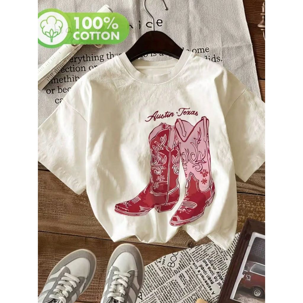 Blusa Feminina Estampada com Botas – Camiseta Casual de Verão, Estilo Vintage, Moda Feminina Confortável