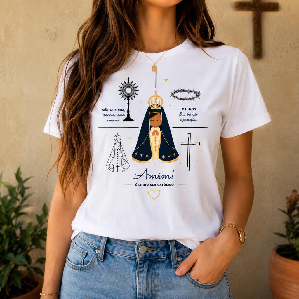 Camiseta Feminina Nossa Senhora Aparecida Lindo Ser Católico Religioso Virgem Maria 100% algodao