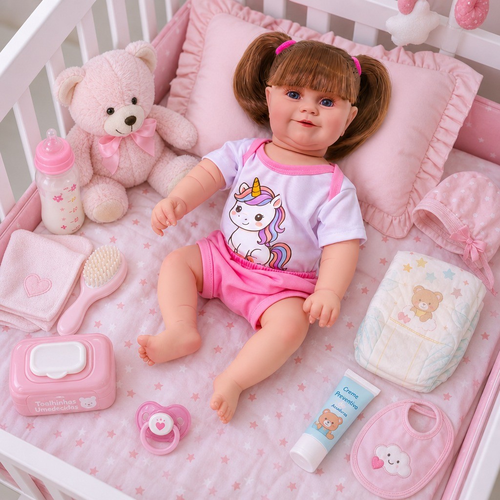 Boneca Bebê Reborn Menina Unicórnio Original Realista de Silicone Pode Dar Banho Com Bolsa Maternidade