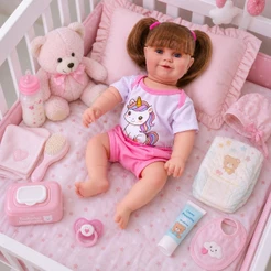 Boneca Bebê Reborn Menina Unicórnio Original Realista de Silicone Pode Dar Banho Com Bolsa Maternidade