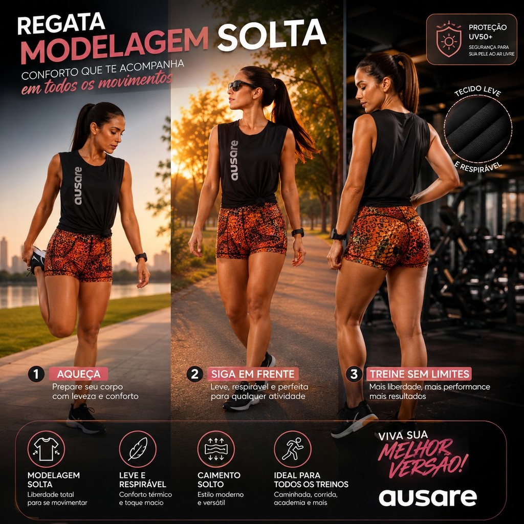 Regata Fitness Feminina Ausare Modelagem Solta UV50+ Leve Respirável Academia Corrida Caminhada Treino Parque Exercícios