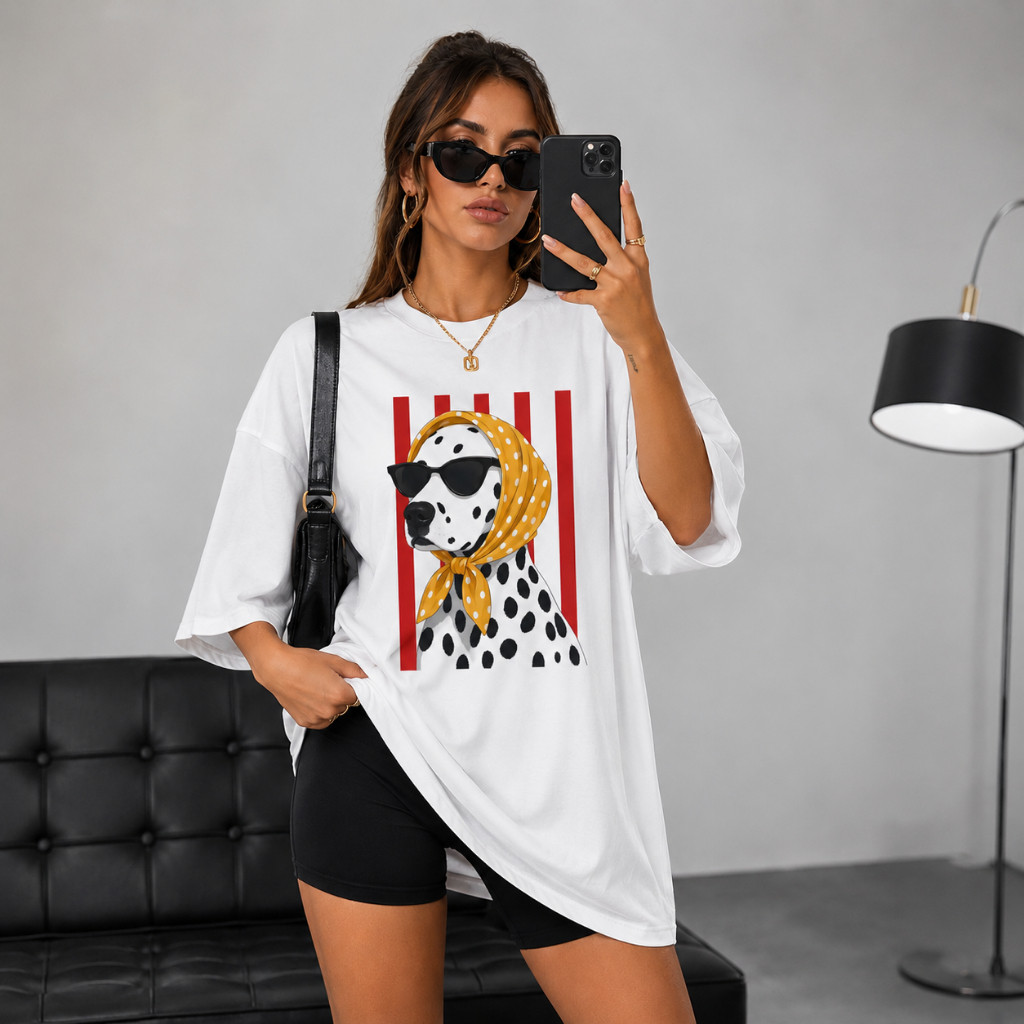 Camiseta Oversized Feminina Estampada Dalmatas Dog Fashion Dalamatian Print  Blusão Premium Streetwear Algodão Casual