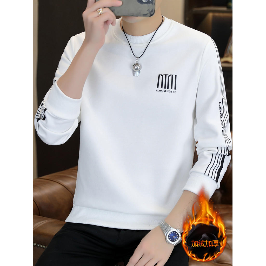 Camiseta de manga comprida masculina inverno forro de lã engrossado quente interior camiseta juventude bonito primavera 