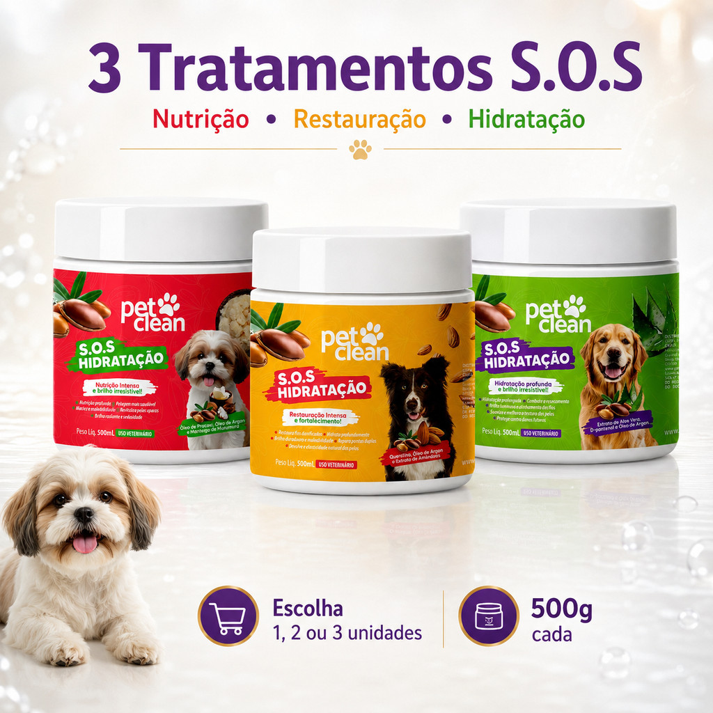 Máscara Hidratação Nutrição Restauração S.O.S Pelo Cães e Gatos Cronograma 500g Pet Clean