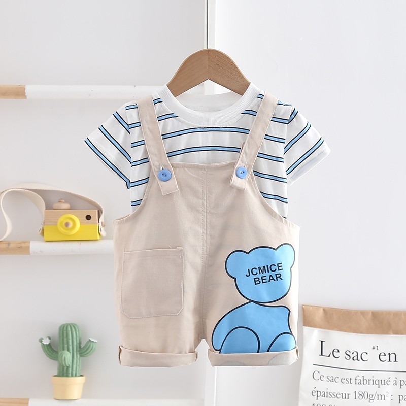 Conjunto De Macacão De Bebê Desenho Animado Urso Listrado Camiseta Suspender Shorts Criança Meninos Meninas Roupa