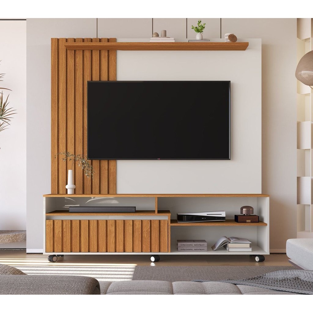 Estante Home Theater Ripado para TV até 65 Polegadas MDF 160x188cm Rodízios Havana Off White/Nature