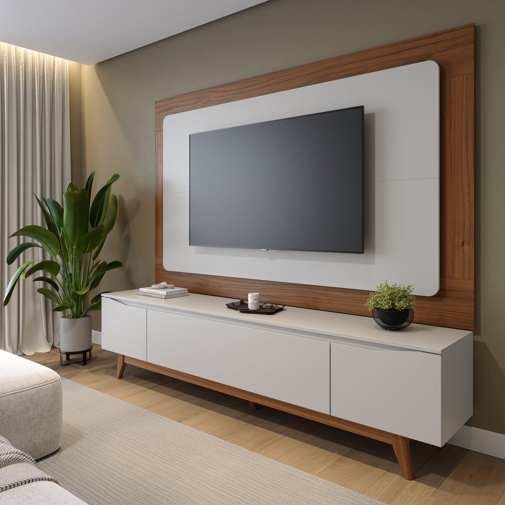 Rack com Painel para TV até 75 Polegadas MDF 180CMX187,9cm Pés em Madeira Maciça Flynt Oslo Bege 180
