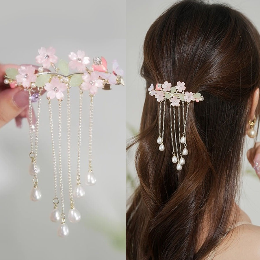 Presilha de cabelo super fofa com flor rosa, estilo simples, com franjas e pérolas, adequada para penteados meio presos 