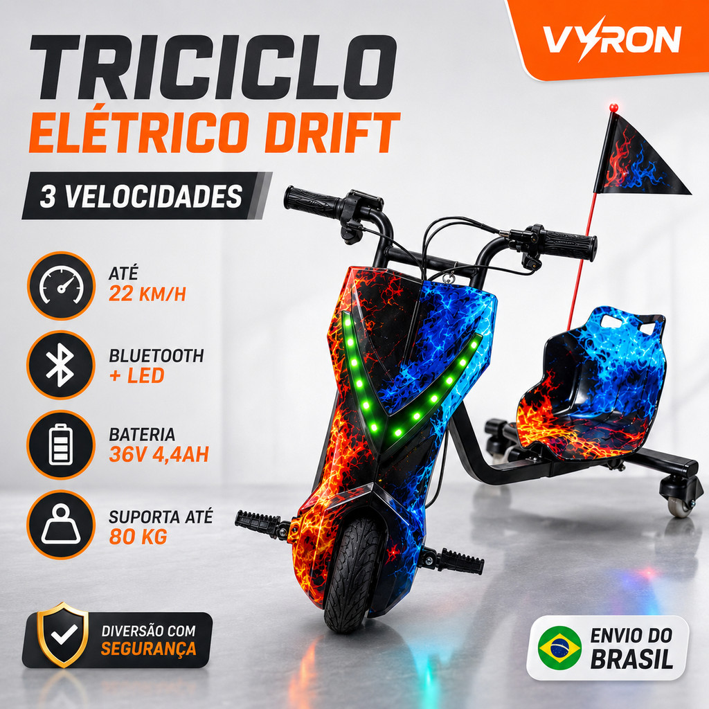 VYRON Triciclo Elétrico Drift 8” 36V 250W/350W Bluetooth LED Bateria Recarregável para Crianças e Adolescentes