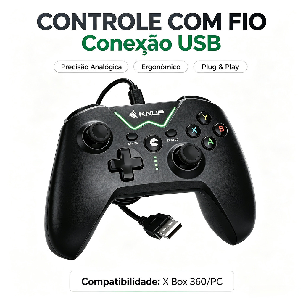Controle USB Com Fio para Xbox 360 e PC com Vibração Ajustável Manete analógico Botões Ergonômicos Controle no Headset