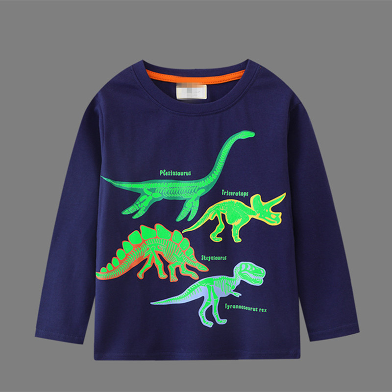Meninos azul escuro luminoso dinossauro manga comprida camiseta crianças médias grandes 2025 outono puro algodão camisa 