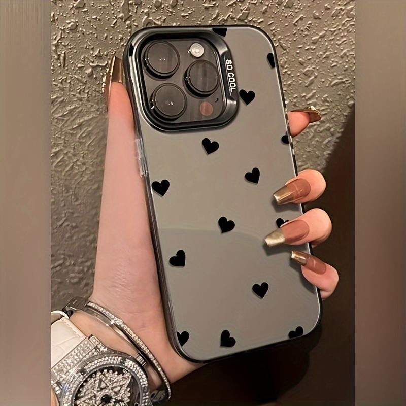 Capa de Telefone: Capa de Telefone Elegante Preta com Padrão de Coração Pequeno e Acabamento Fosco a Laser, Compatível c