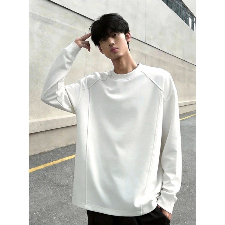 Branco americano pequeno decote de manga comprida camiseta masculina primavera algodão egípcio ombro moletom High-End ca
