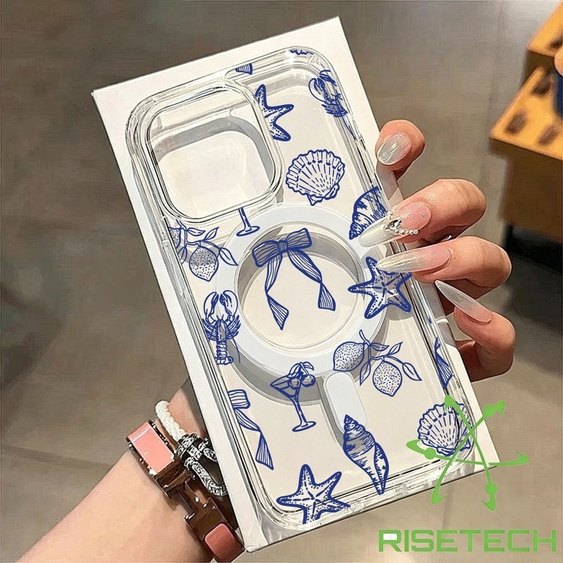 Capinha Desenho Marinho Azul Transparente Magnética para iPhone 11 12 13 14 15 16 17 X XS XR 7 8 Pro Max Plus