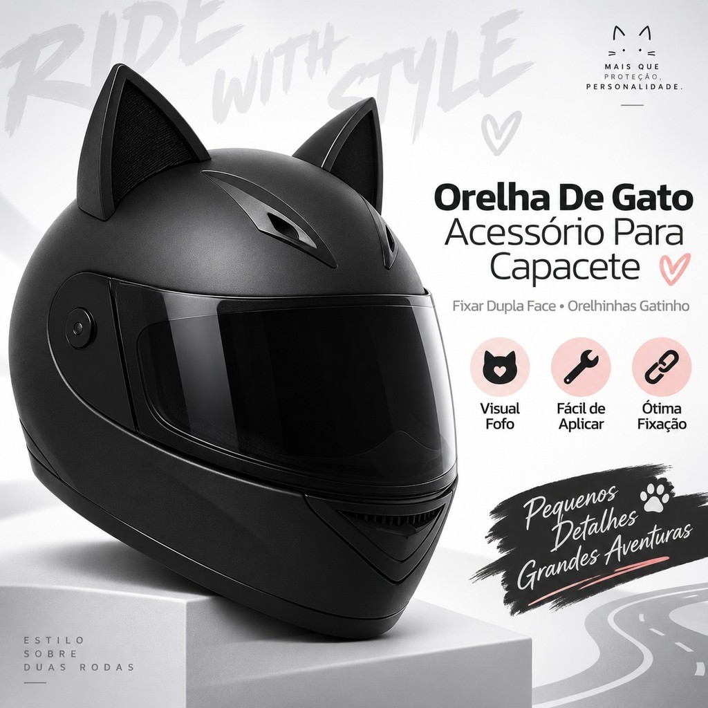 Kit 2 Orelhas de Gato para Capacete Orelhinhas Gatinho Adesivas com Fita Dupla Face