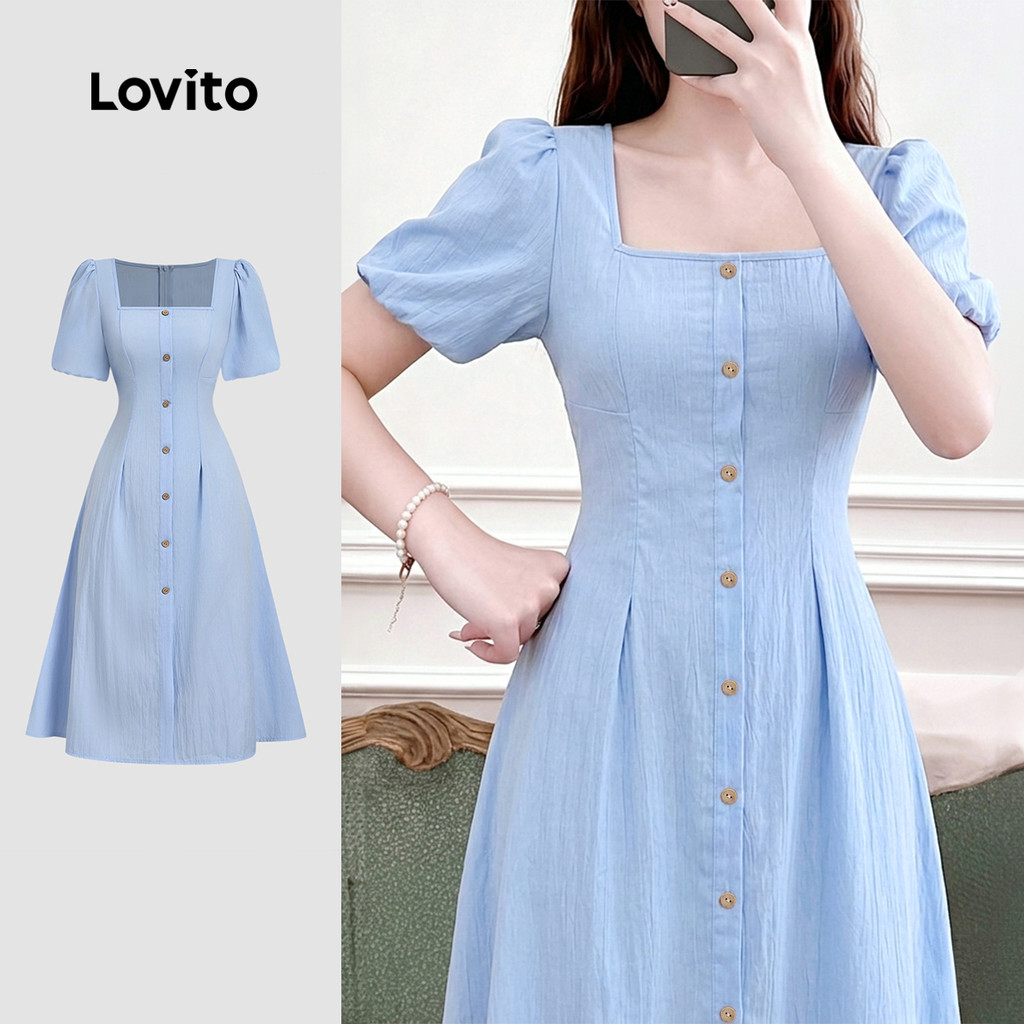 Lovito Vestido Elegante Com Botão Simples Primavera/Verão Azul Feminino DRB199P2D587