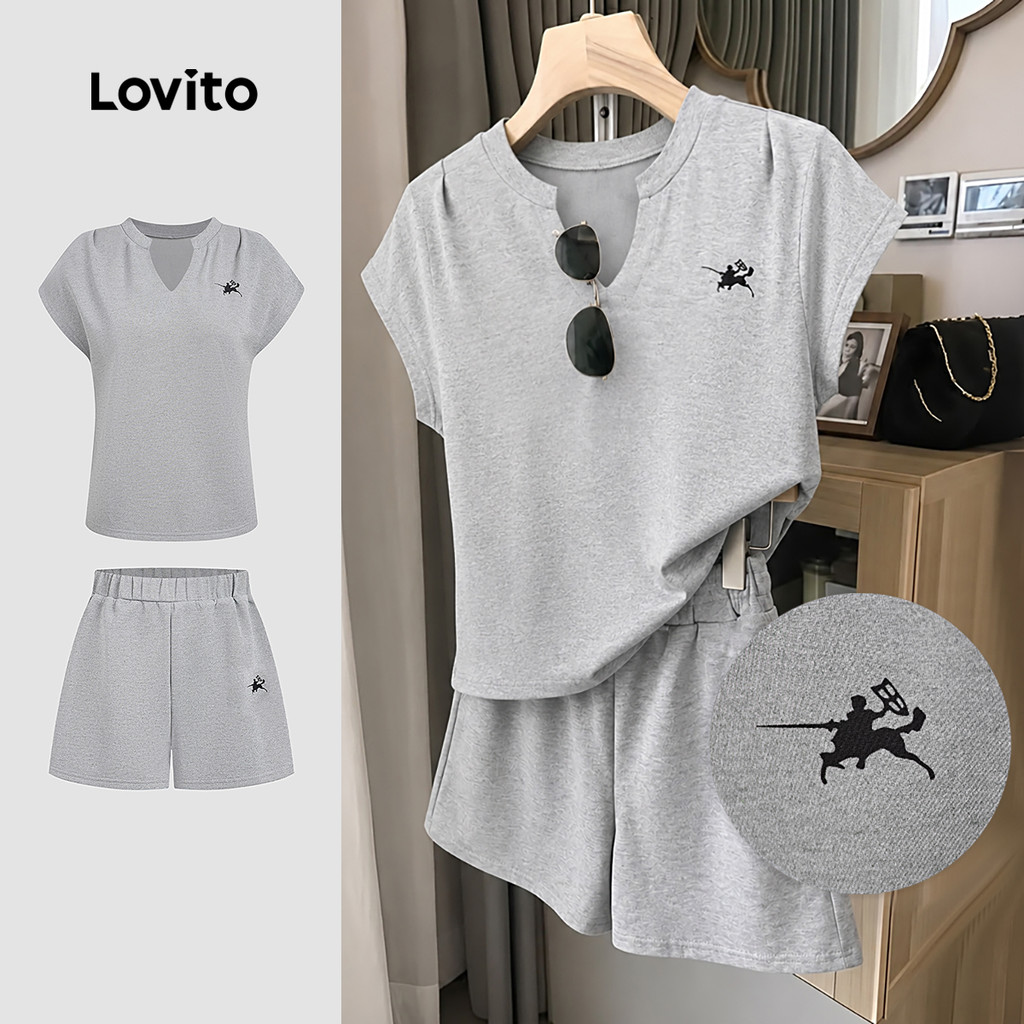 Lovito Conjunto de Shorts Casuais com Bordado Cinza Primavera/verão para mulheres SHB198P1D427