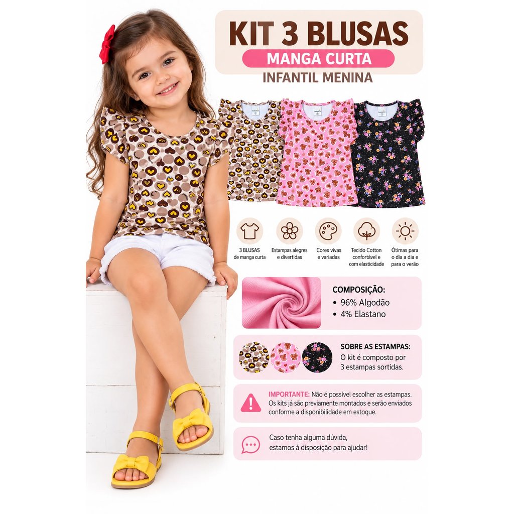 Kit 3 Blusas Camiseta Infantil Menina Manga Fru-fru Estampas Sortidas Cotton Algodão