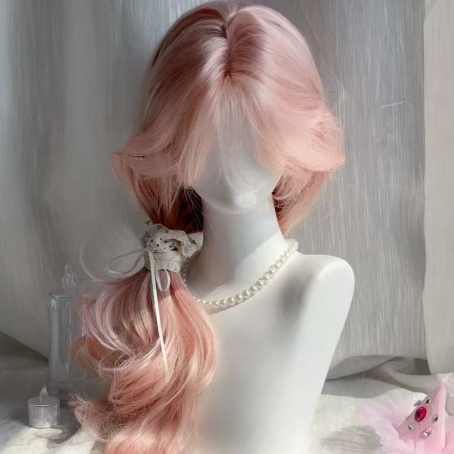 Peruca de renda com cabelo realista, adequada para uso diário, com longos cachos rosa na testa, para mulheres.