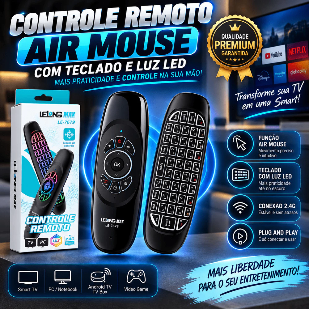 Controle Remoto Air Mouse 2.4G com Teclado LED para Smart TV, TV Box e PC
