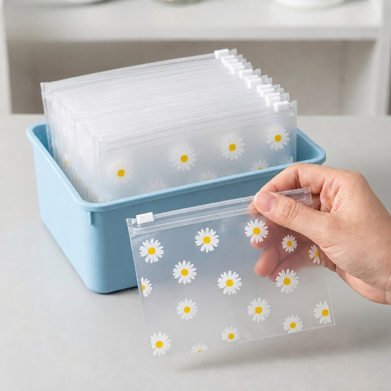 10/20/50pcs Sacos De Zíper De Plástico Fosco Com Padrão De Margarida , Armazenamento Transparentes Reutilizáveis , Adequ