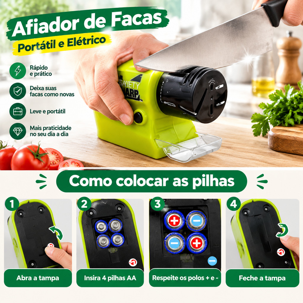 Amolador de Facas Elétrico a Pilha – Atenção à Posição das Pilhas -- Envio imediato