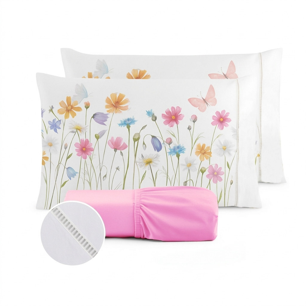Kit Jogo de Cama Lençol Liso Fronha Estampada Micropercal 400 Fios Ponto Palito
