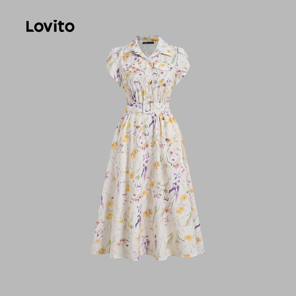Lovito Vestido Elegante Feminino com Cinto Bolso Falso Geométrico Primavera/Verão DRB201P1D399 — imagem 2 de 2