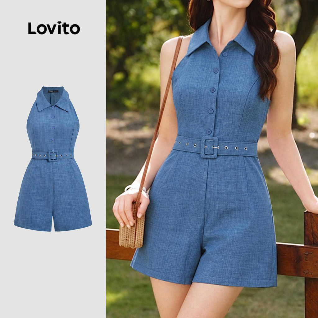 Lovito Macacão Casual Azul com Cinto e Botões para Primavera/verão para mulheres L195AD218