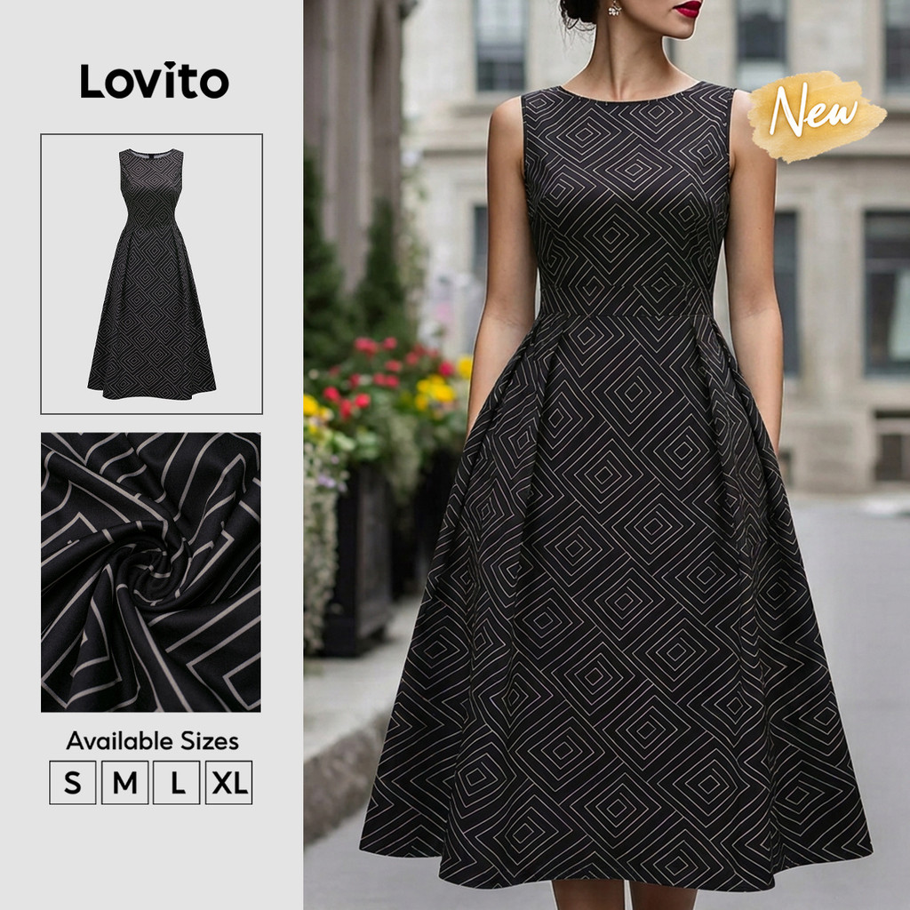 (New Arrival) Lovito Vestido Preto Feminino geométrico Longo evasê Com zíper Casual p/primavera/verão Trabalho/fim De Semana DRB39BR302