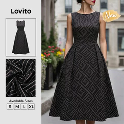 (New Arrival) Lovito Vestido Preto Feminino geométrico Longo evasê Com zíper Casual p/primavera/verão Trabalho/fim De Semana DRB39BR302