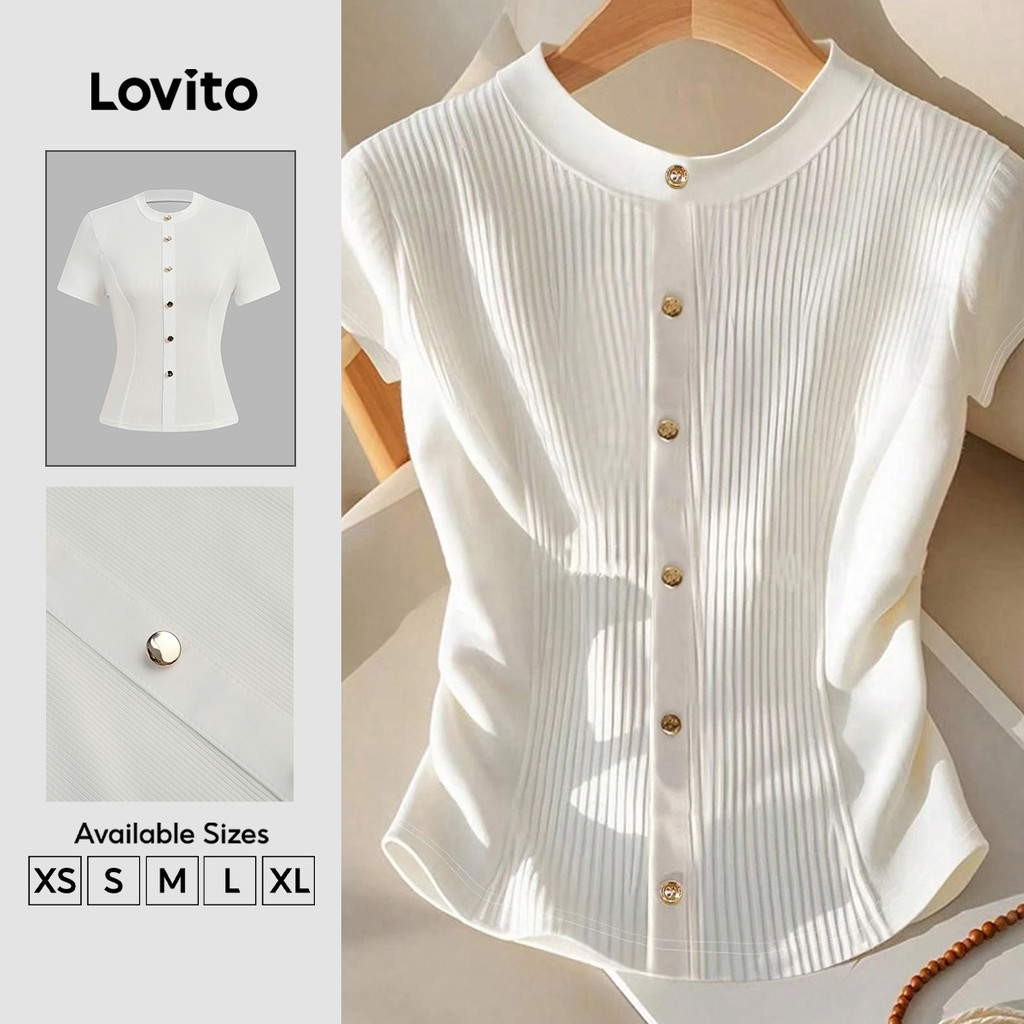 T Shirt Feminina Estilosa Lovito Canelada Casual Camiseta Branca com Botão Para Primavera/verão LK2AD1143