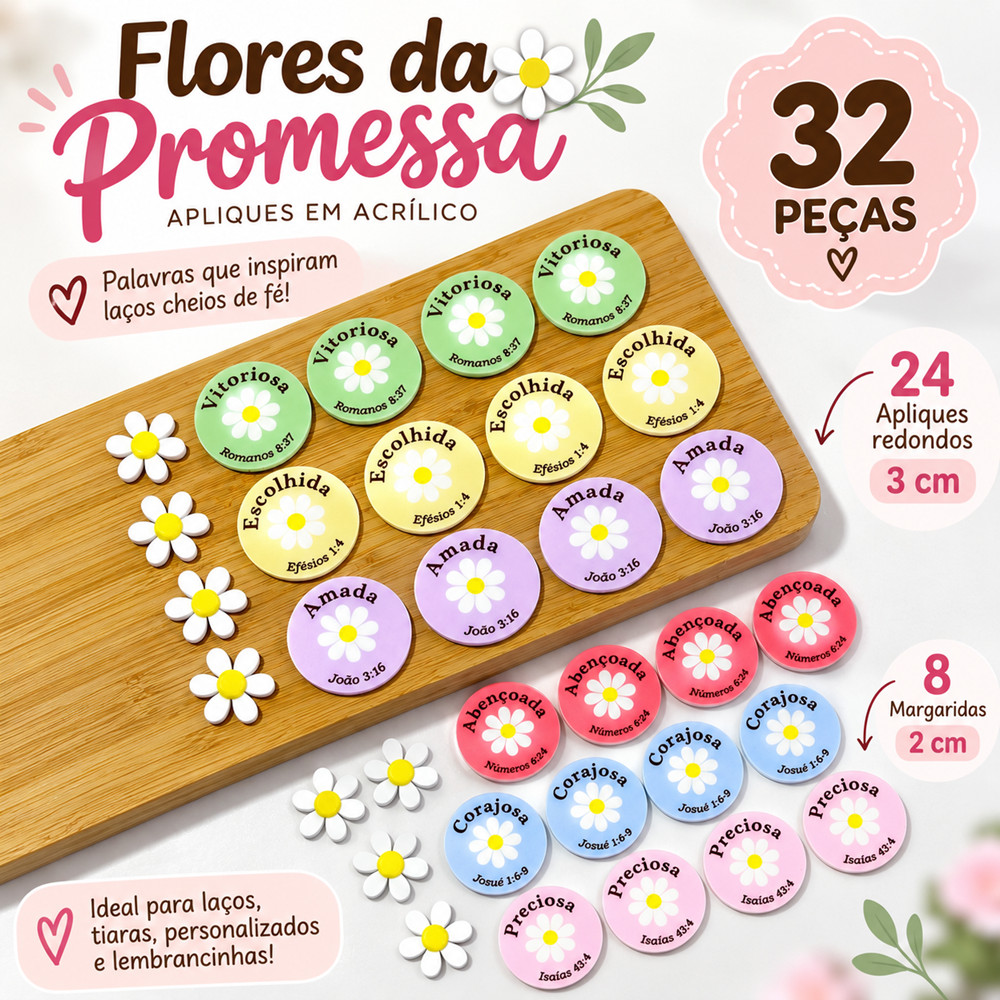 Kit Apliques Flores da Promessa 32 Peças em Acrílico com Margaridas