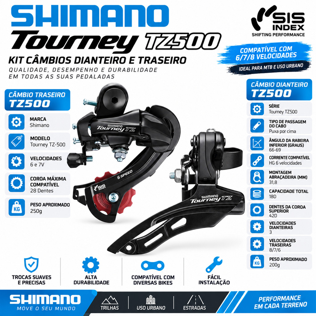 CAMBIO DIANTEIRO E TRASEIRO KIT SHIMANO ORIGINAL TOURNEY TZ500 6 VELOCIDADES ARO 26 E 29 SPEED