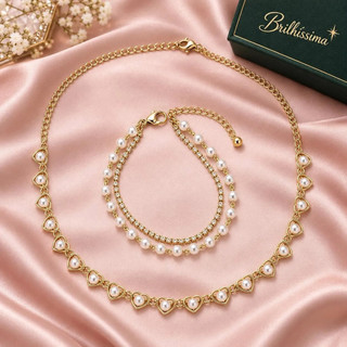 Colar Choker Coração Pérola Pulseira Dupla  Ouro Presente