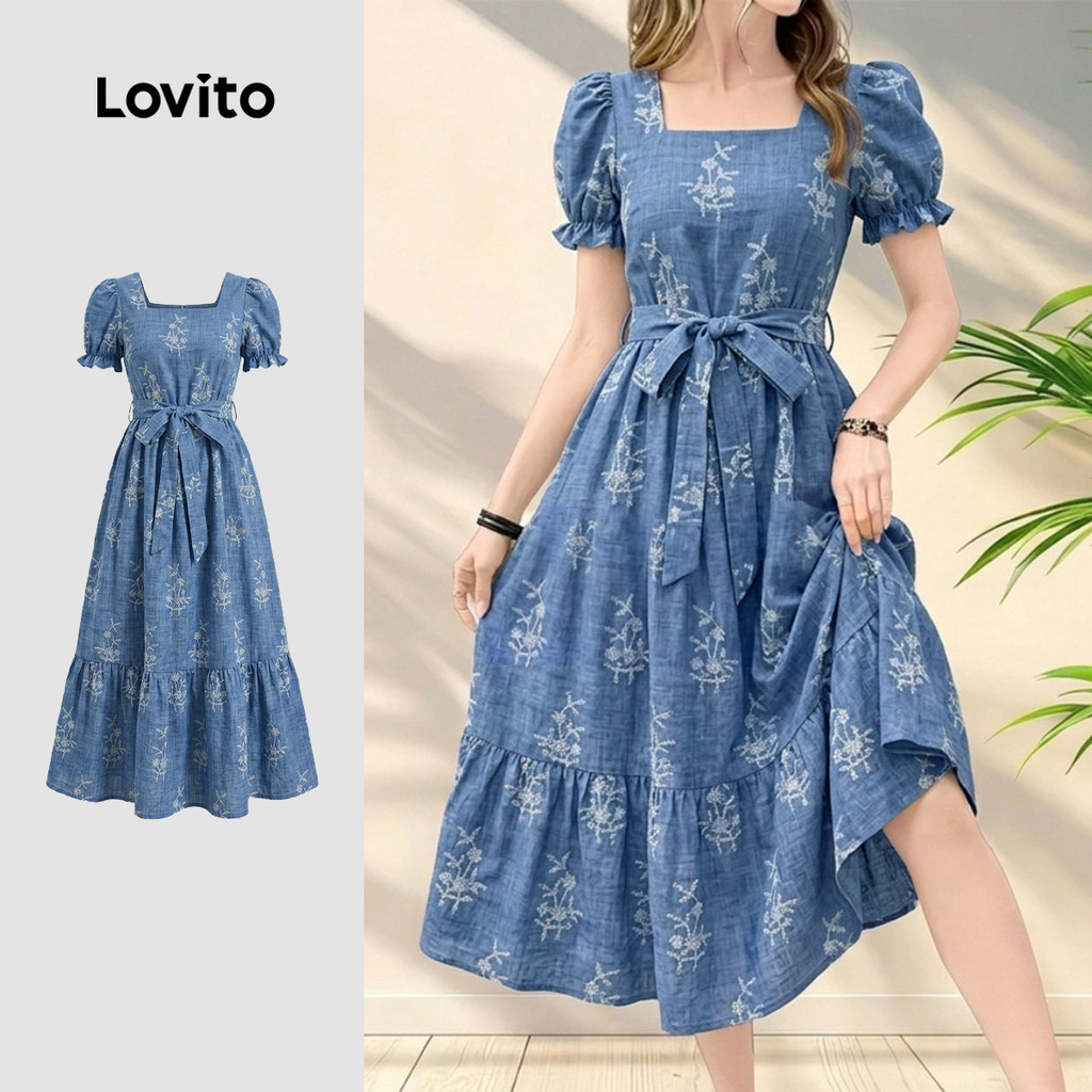 Lovito Vestido Casual Azul para Mulheres com Babado e Cinto Fechamento em Zíper primavera/verão DRK8BR205