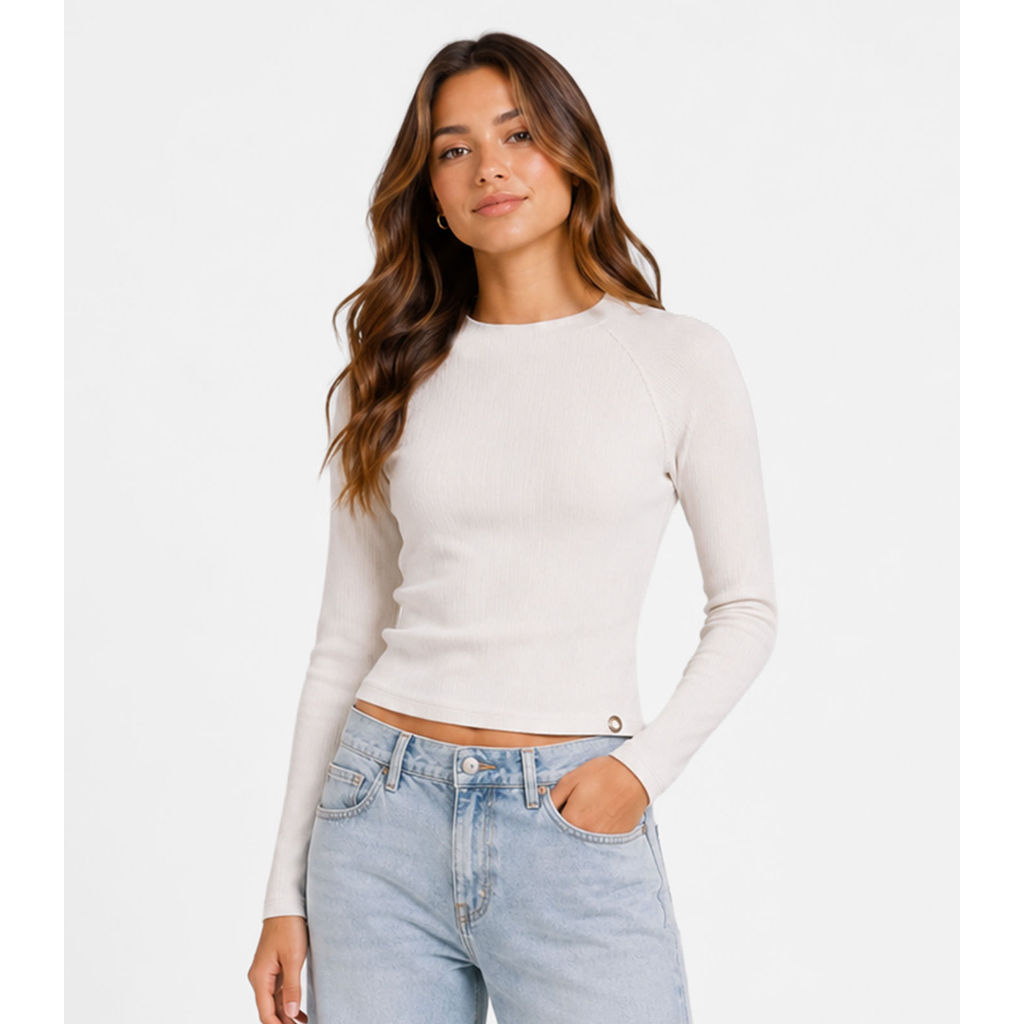 Blusa Juvenil Manga Longa Ribana Minty Bege