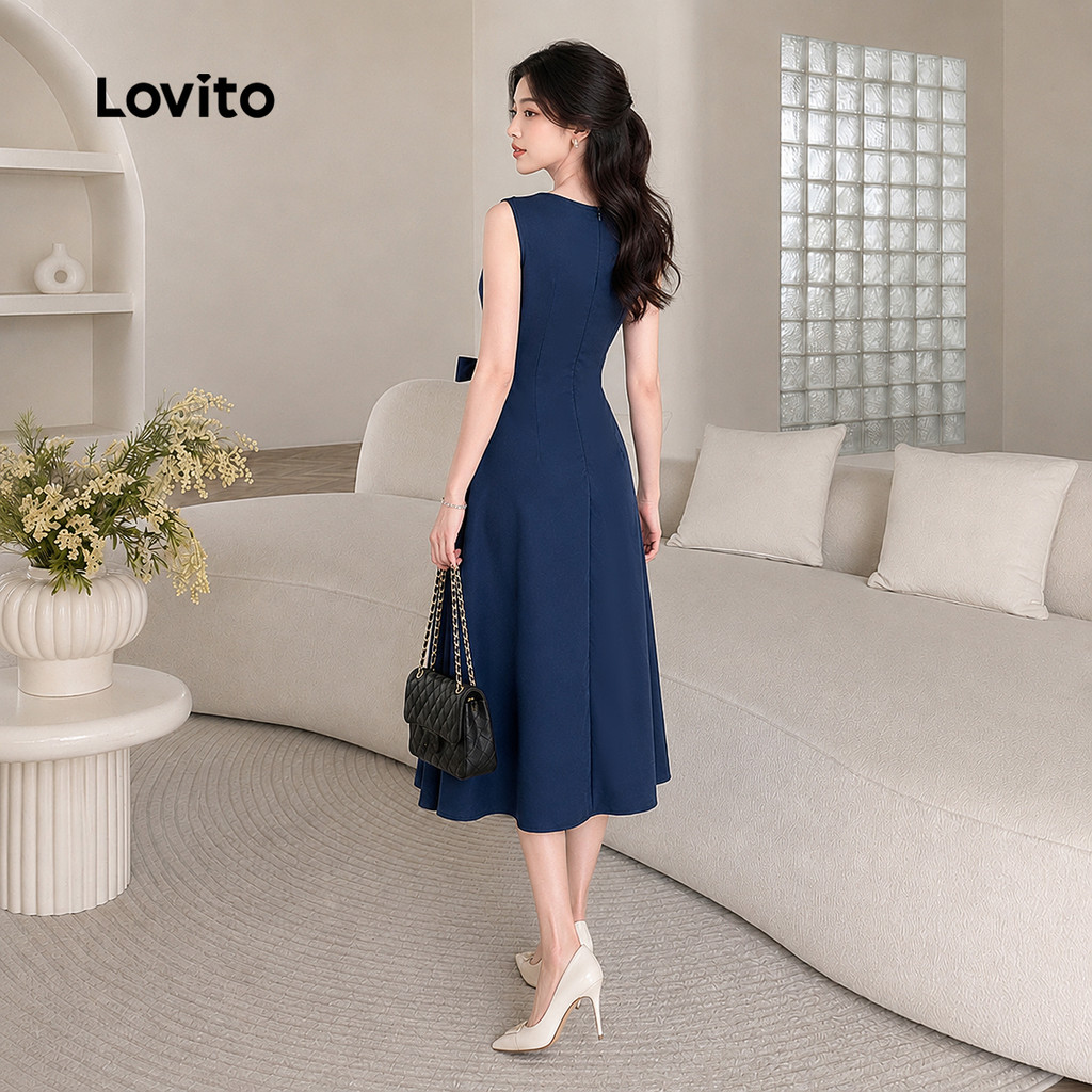 Lovito Vestido Feminino Azul-Escuro Elegante com Pregas e Amarração Modelo Longo Lápis Primavera Verão Traje de Trabalho DRB204P1D774 — imagem 2 de 2