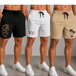 Kit 3 Bermudas Tactel Masculinas Estampadas Paris e Dragão Leves para Praia Piscina Academia e Lazer
