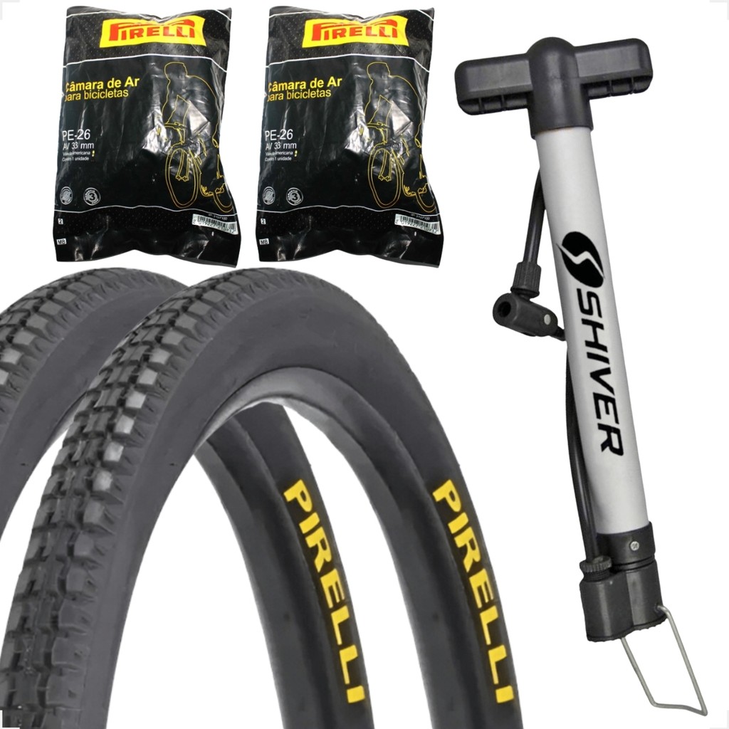 PAR PNEU 26 X 1.1 / 2X2 PRIMOR PIRELLI + PAR CAMARA BICICLETA BIKE + BOMBA DE AR MANUAL SHIVER