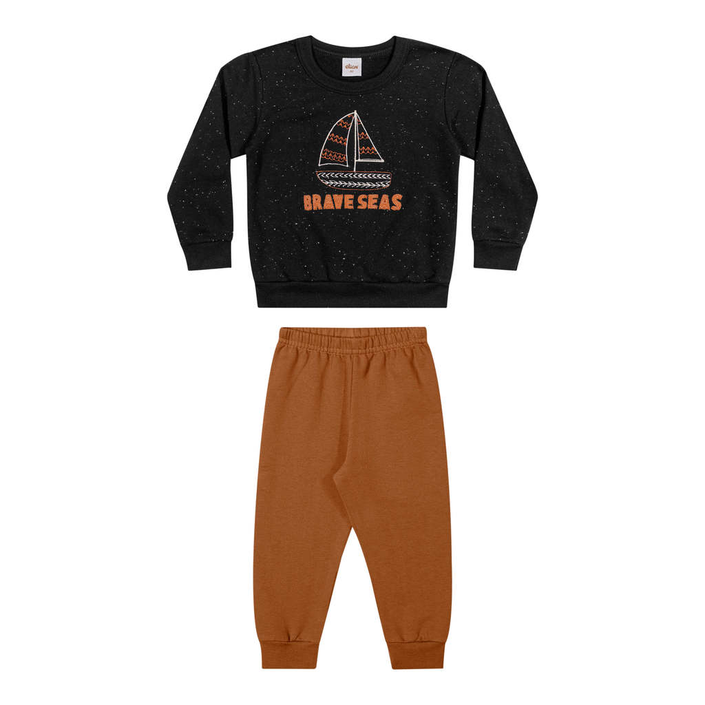 Conjunto Infantil Menino Barco Bordado Elian Preto