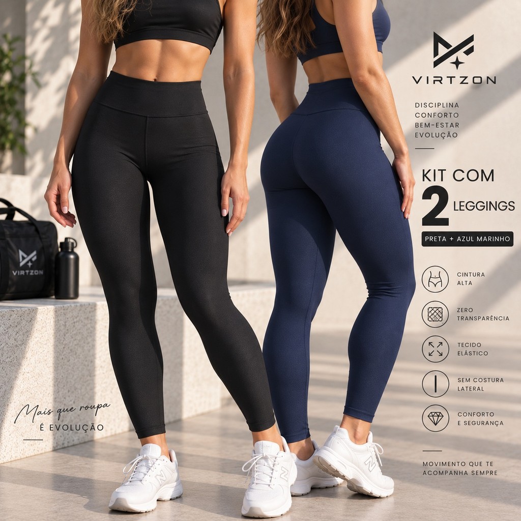 Kit 2 Calças Legging Feminina Fitness Academia Trabalho Escola Cintura Alta Confortável Zero Transparência Blackout