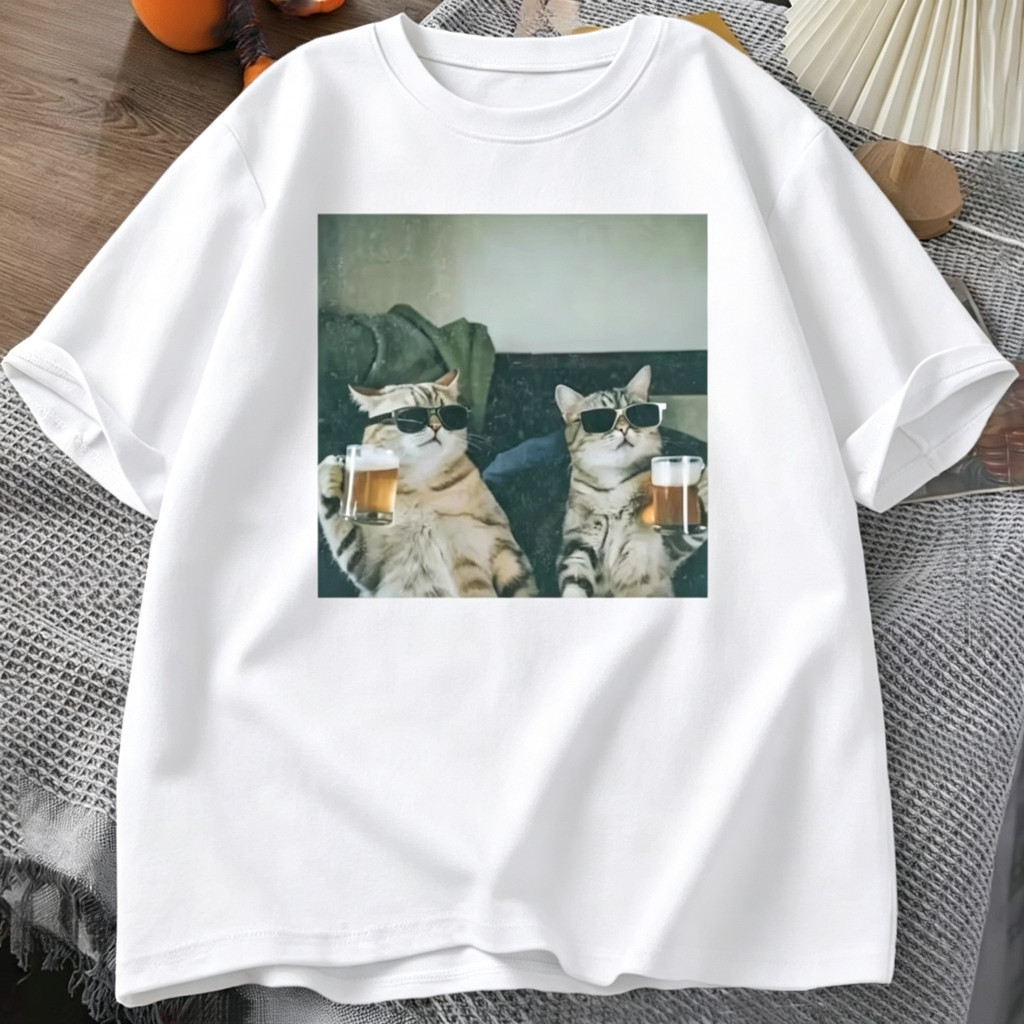 Camiseta Masculina Feminina Engraçada Gato Cerveja Estampada Algodão Casual Manga Curta Streetwear Harajuku Divertida