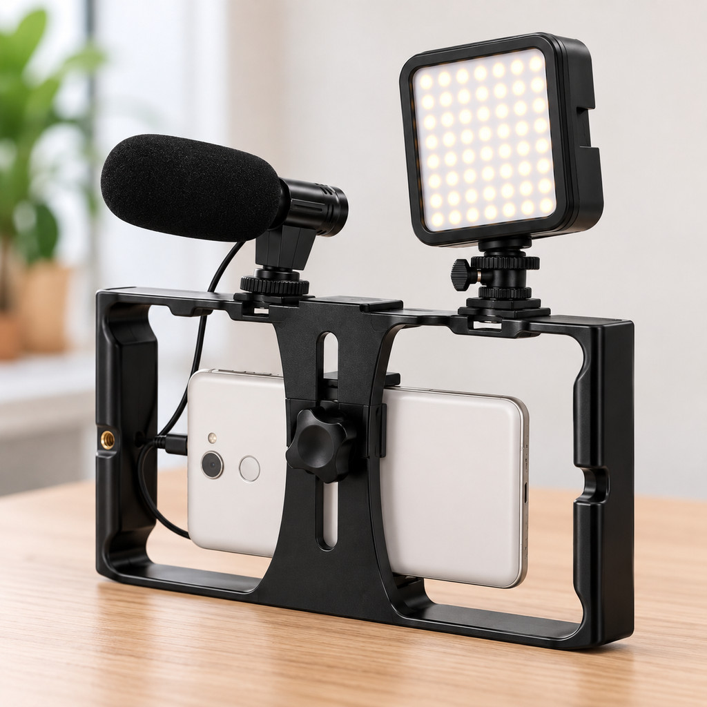 Kit Vlog Para Celular Com Estabilizador Microfone E Luz LED Suporte Cage Para Vídeos Lives E Gravações