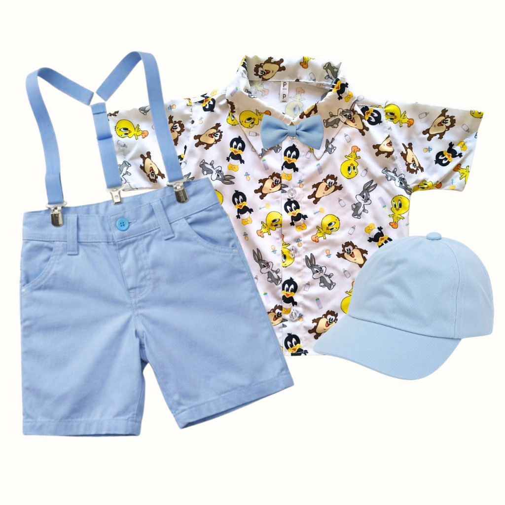 Conjunto com Boné Looney Tunes Infantil Look Festa, Aniversário Roupa Temática Social Menino com Suspensório e Gravata