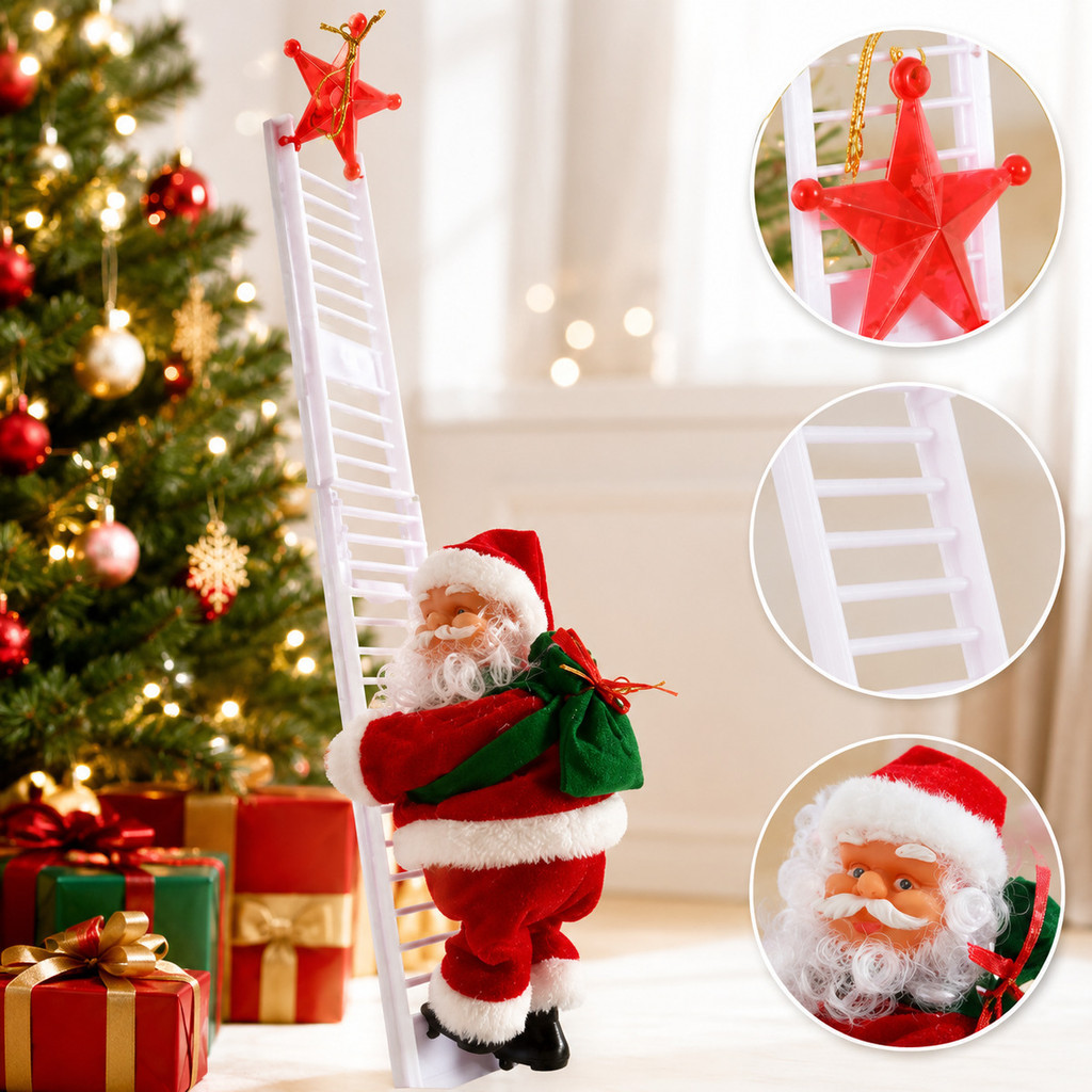 Boneco Papai Noel Escalador Musical Enfeite De Natal Sobe E Desce Escada Decoração Natalina